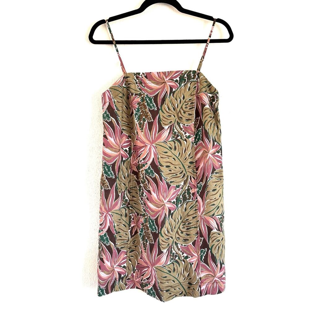 Madewell Goldie Mini Dress in 100% Linen Dark Coffee Tropical Print